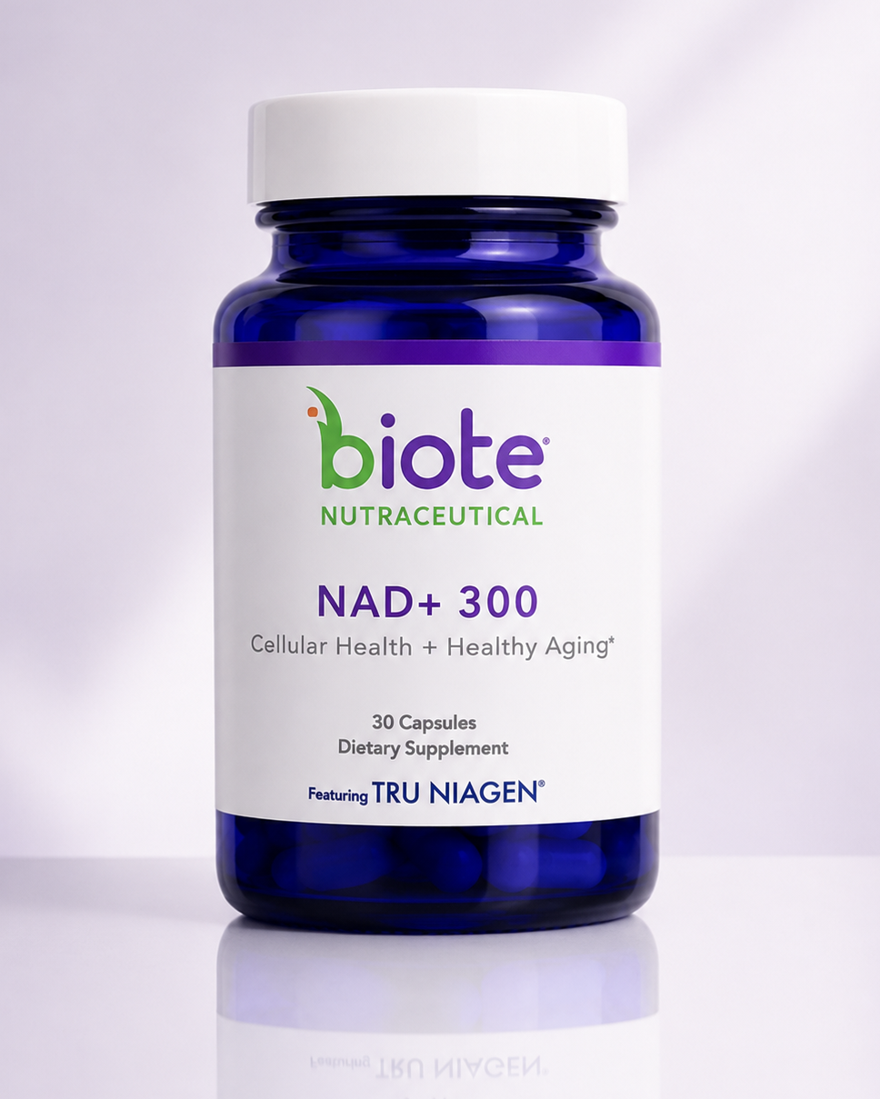 A bottle of biote Nutraceutical NAD+ 300 dietary supplement, featuring a dark blue glass bottle with a white cap and a white label with purple and green text.